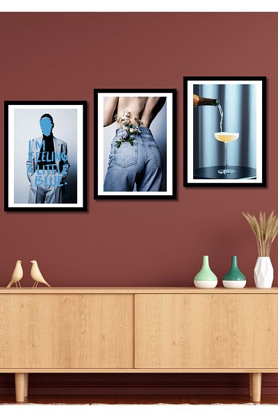 NT Handmade 3 Piece Little Blue Wall Decor Painting Set for Living Room Living Bedroom Kitchen Office