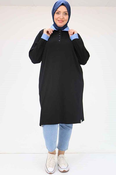 Eslina 58036 Large Size Combed Cotton Tunic with Collar and Sleeve Combination - Black