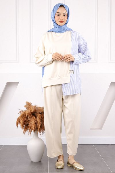 İmajButik Μπεζ πουκάμισο Garnished Modal Tunic Παντελόνι