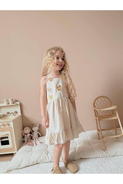 YİGİT BUTİK Yigit Butik Çiçek Nakışlı Askılı Kız Çocuk Elbise