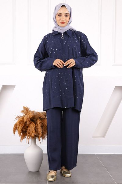 İmajButik Σετ παντελόνι τουνίκ Navy Blue Stone Modal