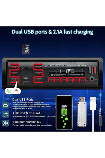 Foxus Oto Teyp mp3 Bluetooth 5.2 YÜKSEK ÇIKIŞLI YENİ NESİL EKRAN USB, AUX, Hı...