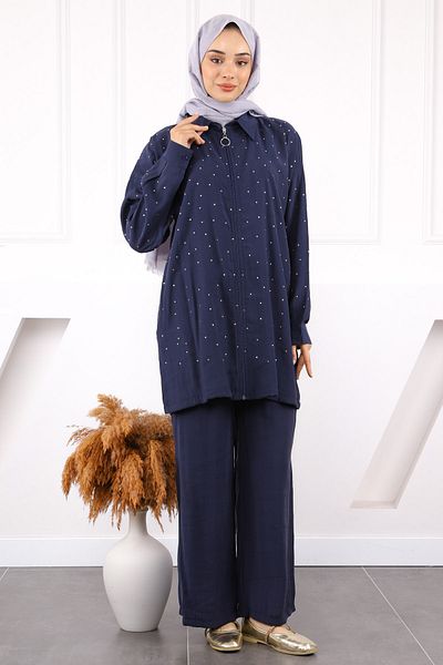 İmajButik Σετ παντελόνι τουνίκ Navy Blue Stone Modal