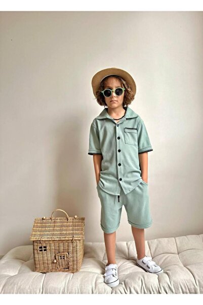 YİGİT BUTİK Yigit Butik Waffle Fabric Shirt Collar Shorts Boy's Suit