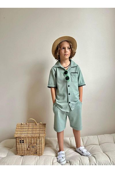 YİGİT BUTİK Yigit Butik Waffle Fabric Shirt Collar Shorts Boy's Suit