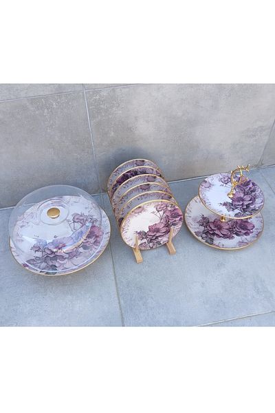 Pinkev 8 Piece Purple Floral Ceramic Cake Presentation Plate Set