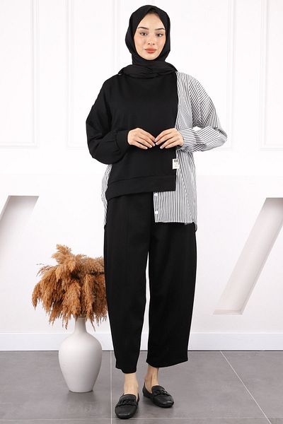 İmajButik Κοστούμι παντελόνι Modal Tunic με γαρνιτούρα σε μαύρο πουκάμισο