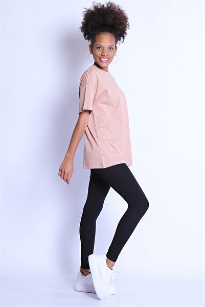 TakıDolabı Tricou de damă oversize cu guler rotund Bts 1008 Biscuit