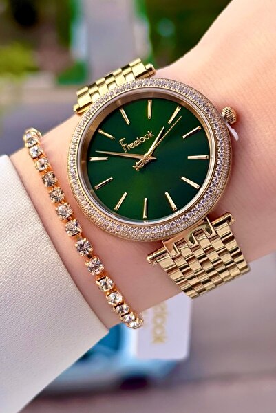 Freelook Kadranı Yeşil Kordonu Gold Renk 38 mm Kadın Kol Saati ve Bileklik