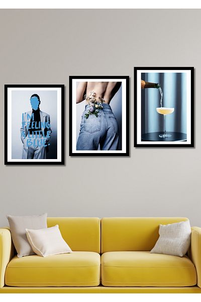 NT Handmade 3 Piece Little Blue Wall Decor Painting Set for Living Room Living Bedroom Kitchen Office