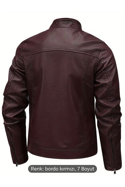NYC GİYİM TEKSTİL Trikolu Hakim Yaka Genuine Leather Burgundy Sports Jacket