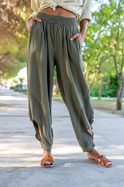 Namaste Vintage Haki renk paçası file detaylı bağlamalı beli lastikli keten ş...