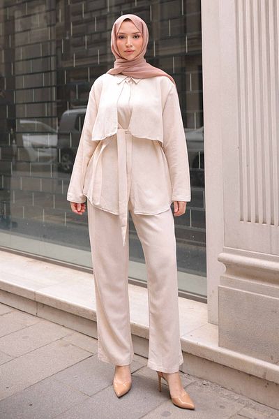 İmajButik Μπεζ κοστούμι πουκάμισο με ζώνη μέσης με παντελόνι
