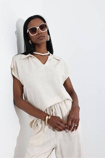 5in1Canpolat Natural Shirt Collar Blouse Pants Set