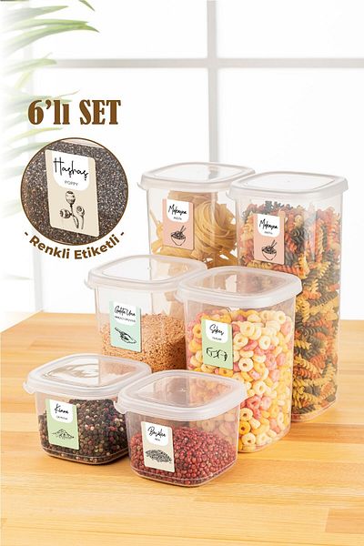 Vienev 6-Piece Peggy Square Food Storage Container with Colored Labels 2x (0.55 Liters, 1.2 Liters, 1.75 Liters) White