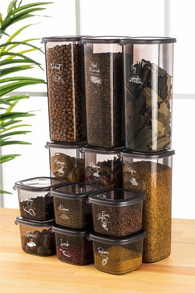 Vienev 12-Piece Peggy Square Food Storage Container with White Screen Printing Label 6x (0.55 LITERS - 1.75 LITERS) Anthracite