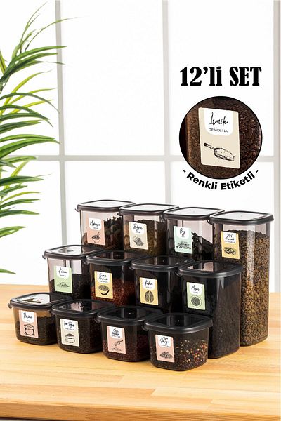 Vienev 12-Piece Peggy Square Food Storage Container with Colorful Labels 4X(0.55 Liter, 1.2 Liter, 1.75 Liter) Anthracite