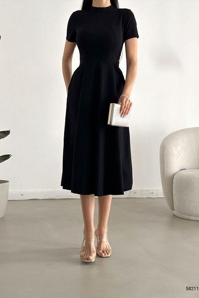 Mossta Black Short Sleeve Waist Fitted Midi Dress with Pockets