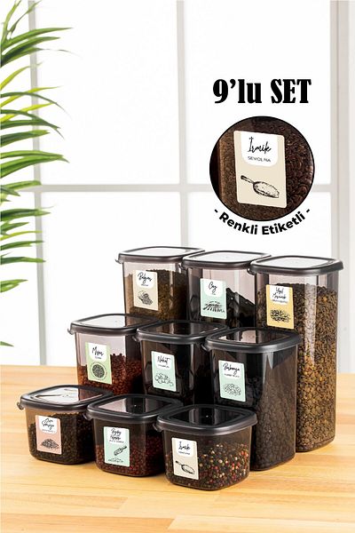 Vienev 9-Piece Peggy Square Food Storage Container with Colorful Labels 3x (0.55 Liters, 1.2 Liters, 1.75 Liters) Anthracite