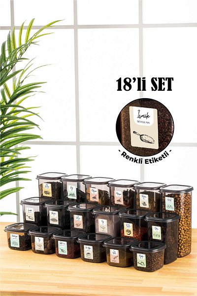 Vienev 18-Piece Peggy Square Food Storage Container with Colorful Label 6x (0.55 Liters, 1.2 Liters, 1.75 Liters) Anthracite
