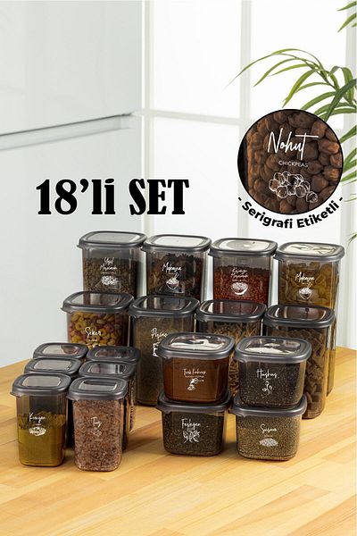 Vienev 18-Piece Peggy Square Food and Spice Full Set with White Screen Printing Label 4x(1,75, 1,2, 0,55) 6x(0,45) Ant