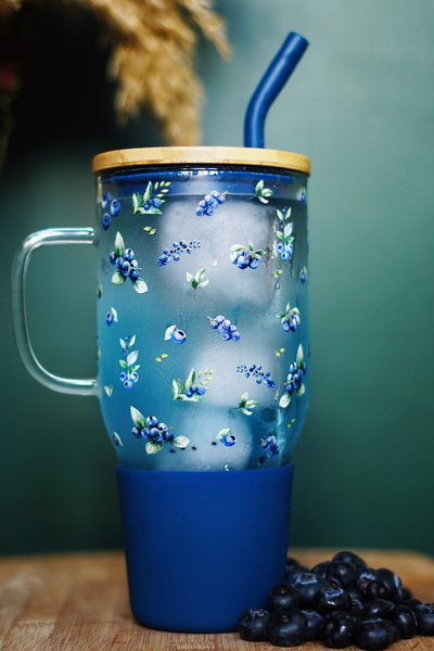 Caga Home Caga Bambu Kapaklı Blueberry Desenli Çelik Pipetli Bardak Cam Termo...