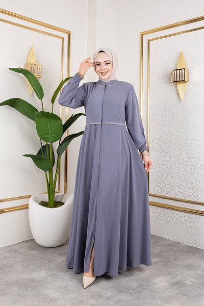 Nevayla Moda Collar and Waist Embroidery Detailed Ferace - Gray / F0143