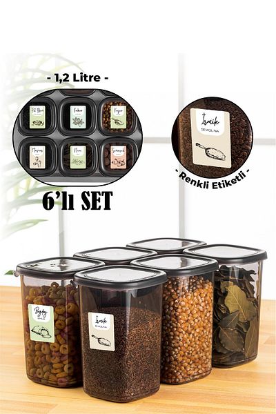 Vienev 6-Piece 1.2 Liter Peggy Square Food Storage Container with Colorful Labels Anthracite