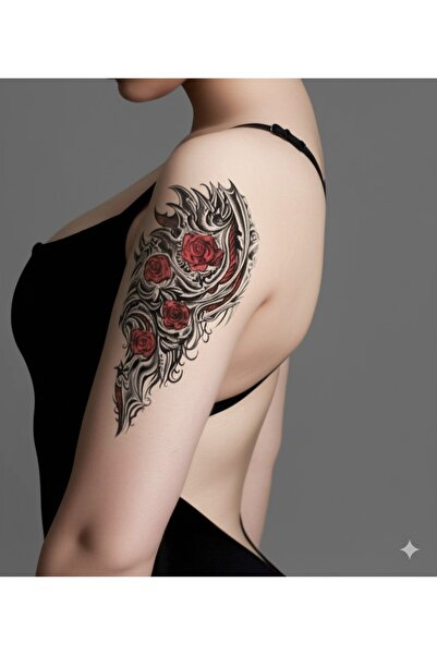 GLANZEND Gerçek Dövme Görünümlü Tribal Gül Modelli 3 Boyutlu Tattoo