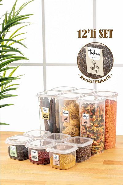 Vienev 12-Piece Peggy Square Food Storage Container with Colored Labels 6x (0.55 Liters, 1.75 Liters) White