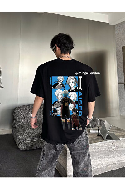 Minga London تي شيرت أسود كبير الحجم بطبعة مايكل كايزر من الخلف - مينغا لندن