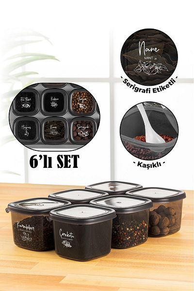 Vienev 6-Piece 0.55 Liter Peggy Square Spice Storage Container with White Screen Printing Label and Spoon Anthracite