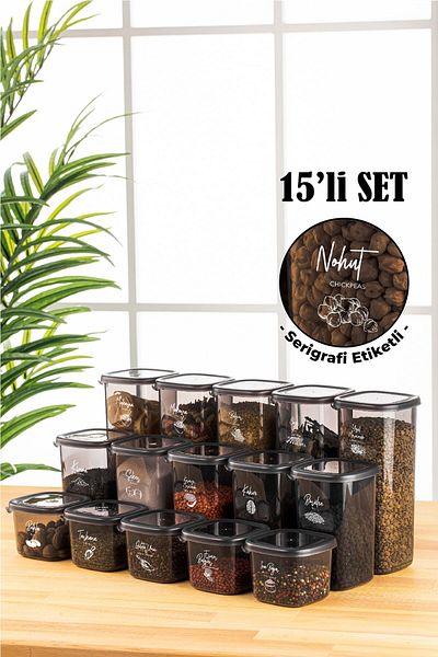 Vienev 15-Piece Peggy Square Storage Container with White Screen Printing Label 5x (0.55 LITER, 1.2 LITER, 1.75 LITER) Anthracite