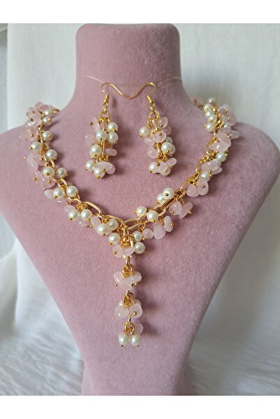 GUNESSAH AKSESUAR Doğal taş pembe kuvars kolye küpe