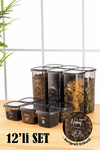 Vienev 12-Piece Peggy Square Food Storage Container with White Screen Printing Label 6x (0.55 LITERS - 1.75 LITERS) Anthracite
