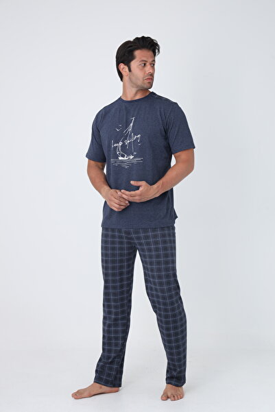 FAMESTEKSTİL Men's Plaid Summer 100% Cotton Short Sleeve Comfortable Pajama Set