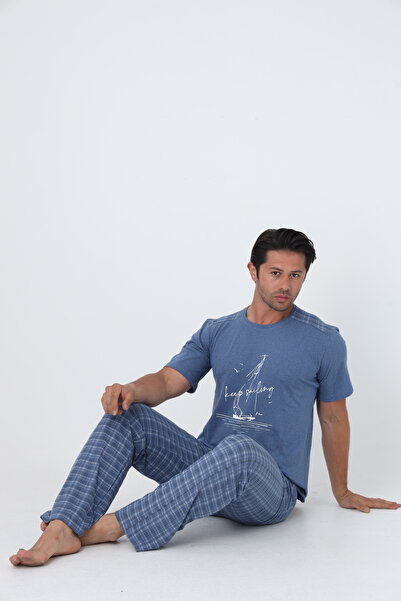 FAMESTEKSTİL Men's Plaid Summer 100% Cotton Short Sleeve Comfortable Pajama Set