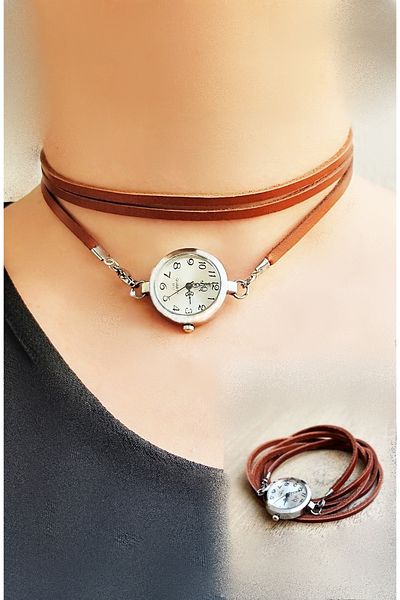 LADYMİRAGE Leather Choker Necklace with Vintage Clock