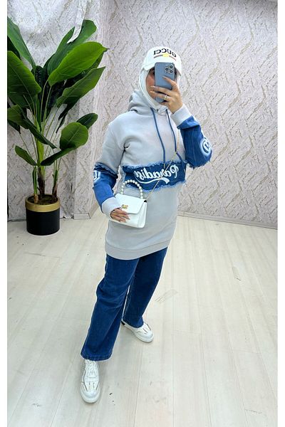 zümrüt moda Hooded Tunic and Trousers Winter Jeans Set - 1766