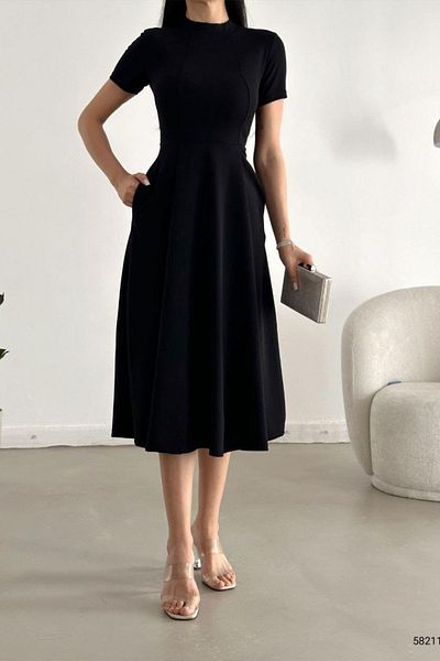 Mossta Black Short Sleeve Waist Fitted Midi Dress with Pockets