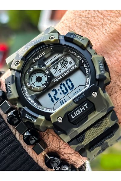 Cockpit Green Color Silicone Cord, Illuminated, Digital Sports Men's Wristwatch Bracelet Suitable for Pool Sea Use