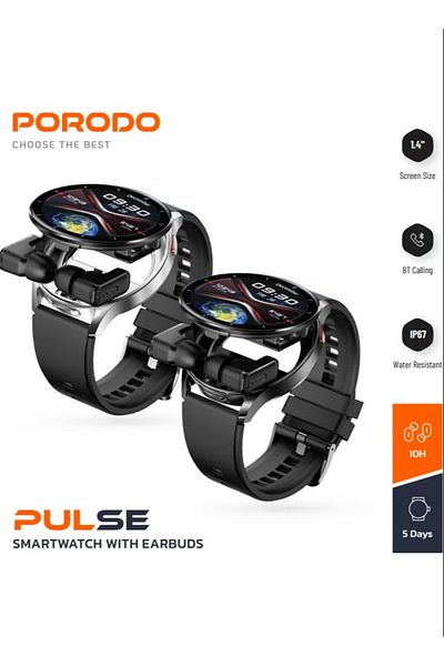 porodo Pulse PD-PULSE Smartwatch With Earbuds and 1.4 (inches) Screen Size - Silver