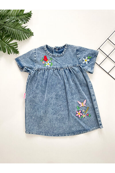 Minicixbebe Nakışlı kız bebek yazlık ince kot elbise