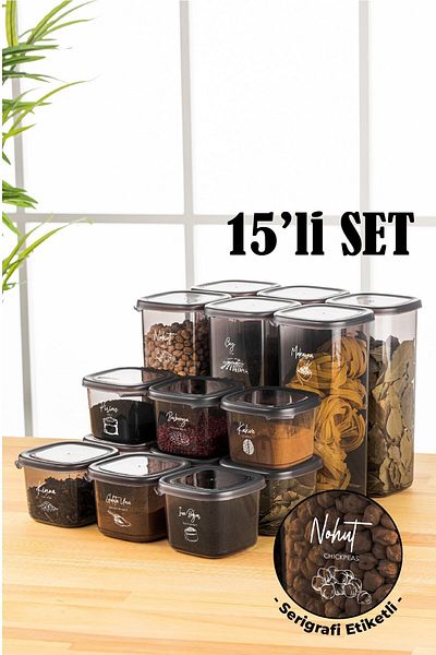 Vienev 15-Piece Peggy Square Food Storage Container with White Screen Printing Label 9x(0.55 LITERS) - 6x(1.75 LITERS) Anthracite