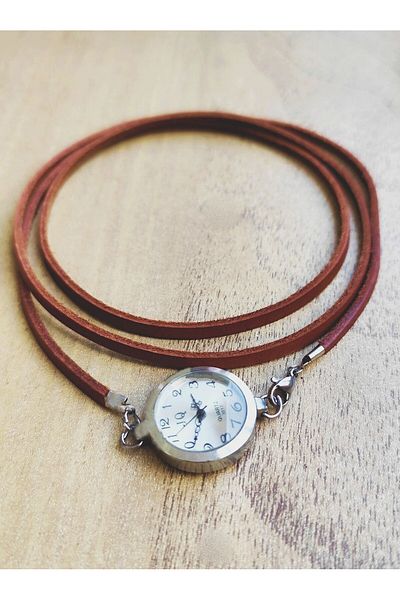 LADYMİRAGE Leather Choker Necklace with Vintage Clock