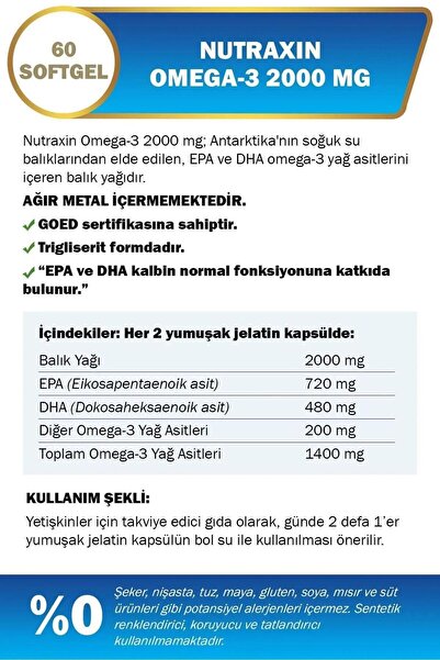 Nutraxin Omega 3 2000 mg 60 Soft Jel - EPA 720 DHA 480 2'Li