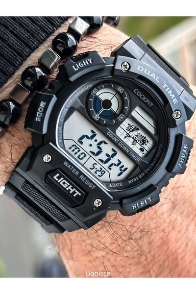 Cockpit Black Color Silicone Cord, Illuminated, Digital Sports Men's Wristwatch Bracelet Suitable for Pool and Sea Use