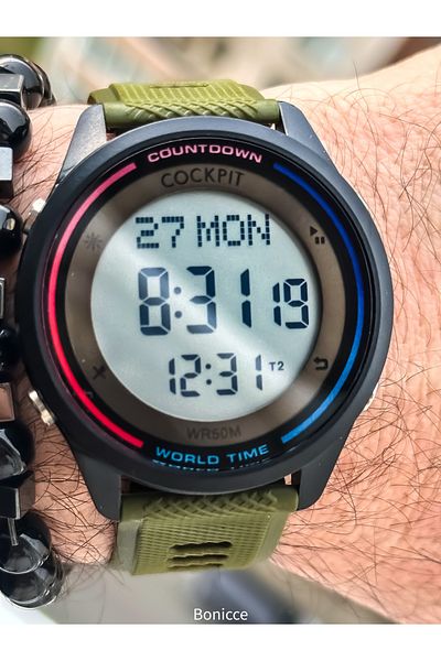 Cockpit Green Color Silicone Cord, Illuminated, Digital Sports Men's Wristwatch Bracelet Suitable for Pool Sea Use