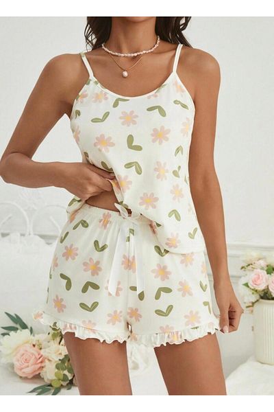 Olivia Carmen Women's Stylish and Comfortable Heart Patterned Lycra Bottom Top Shorts Nightgown Pajama Set