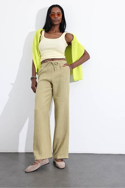 5in1Canpolat Green 100% Linen Elastic Waist Palazzo Trousers 1584